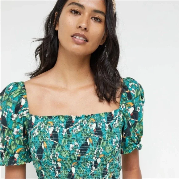 Anthro DOLAN Smocked Puff-Sleeved Toucan Top S - Picture 2 of 12